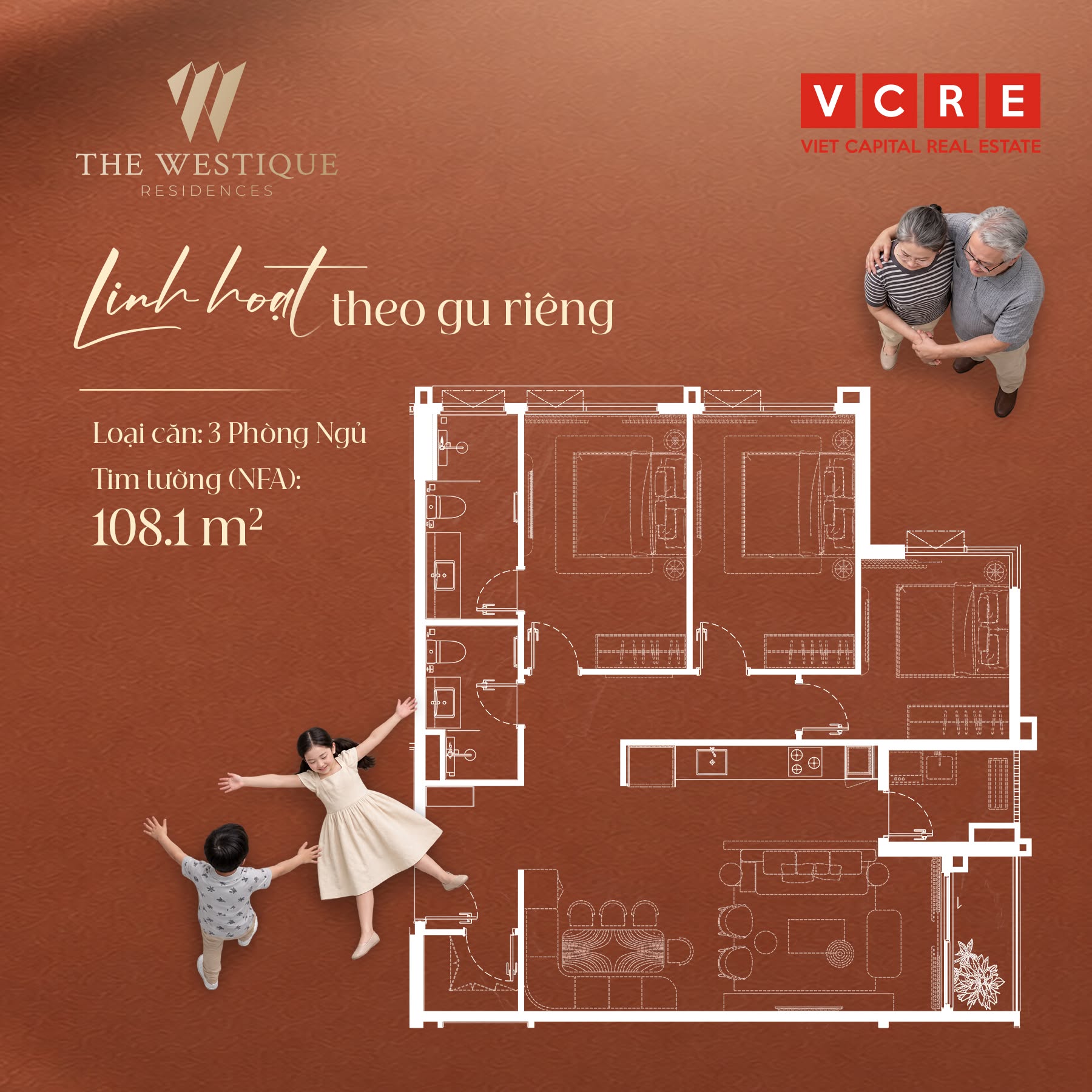 Layout căn hộ 3 phòng ngủ The Westique